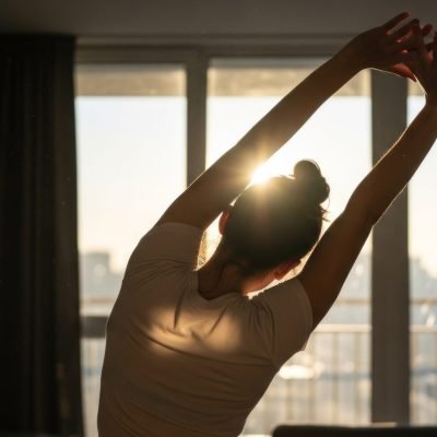 woman stretching arms up by window at sunrise with sun flare